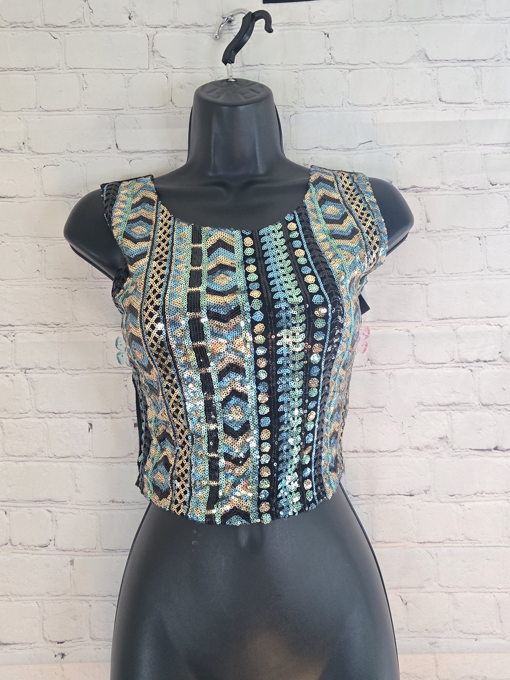 y2kā Body Central black & blue sequin crop top with geometric aztec patterns